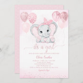 かわいいゾウ&バルーンベビーシャワーの女の子 招待状 (正面/裏面)