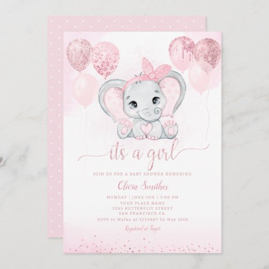 かわいいゾウ&バルーンベビーシャワーの女の子 招待状 (正面/裏面)