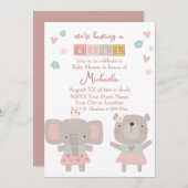 かわいいゾウ&ベアーガールベビーシャワー 招待状 (正面/裏面)