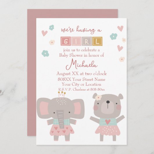 かわいいゾウ&ベアーガールベビーシャワー 招待状 (正面/裏面)