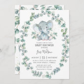 かわいいゾウeucalyptus緑の赤ちゃんシャワーボーイ 招待状 (正面/裏面)