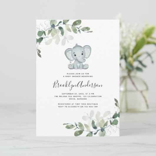 かわいいゾウeucalyptus赤ちゃんシャワー 招待状 (スタンド正面)