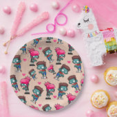 かわいいゾンビの女の子と男とハートのパターン ペーパープレート (パーティー)