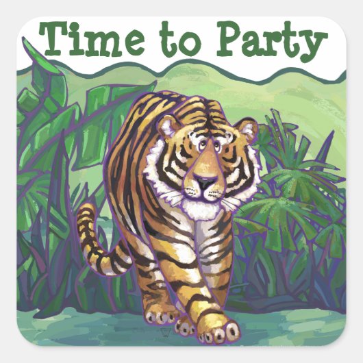 かわいいタイガーの時間へパーティー スクエアシール (正面)