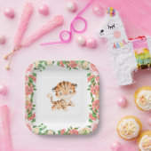 かわいいタイガーウォーターカラーピンクの花紙プレート ペーパープレート (パーティー)