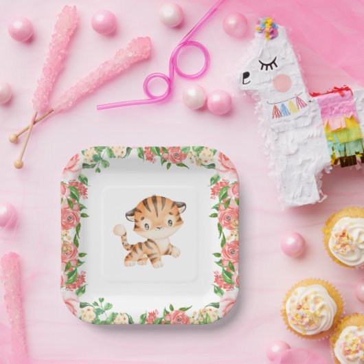 かわいいタイガーウォーターカラーピンクの花紙プレート ペーパープレート (パーティー)