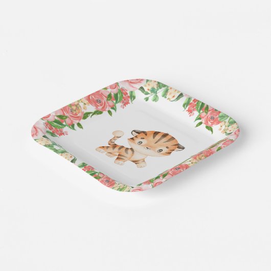 かわいいタイガーウォーターカラーピンクの花紙プレート ペーパープレート (傾斜あり)