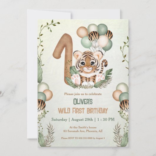 かわいいタイガーサファリワイルドワン1歳の誕生日 招待状 (正面)