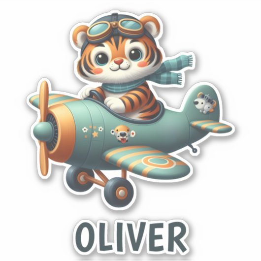 かわいいタイガー飛んでいるキッド飛行機パーソナライズされた シール (正面)