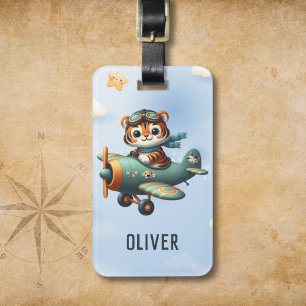 かわいいタイガー飛んでいるキッド飛行機パーソナライズされた ラゲッジタグ