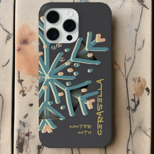 かわいいタイポグラフィ冬のスノーフレークガーリーグレイティール(緑がかった色) iPhone 15 PRO MAXケース