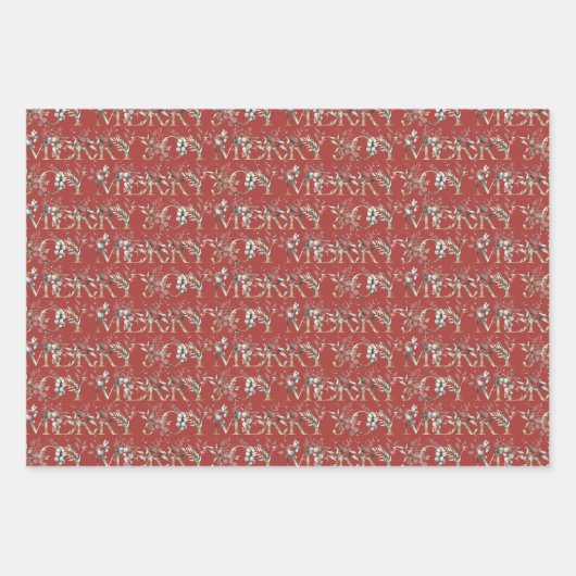かわいいタイポグラフィ金ゴールドグリーンレッドボタニカルクリスマス ラッピングペーパーシート (正面3)