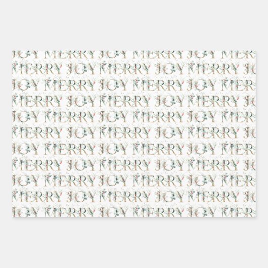 かわいいタイポグラフィ金ゴールドグリーンレッドボタニカルクリスマス ラッピングペーパーシート (正面)