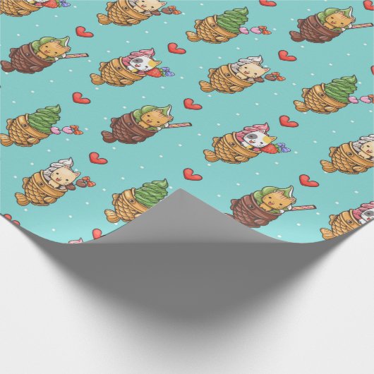 かわいいタイヤキアイスクリームデザートかわいいキャットブルー ラッピングペーパー (角)