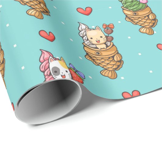 かわいいタイヤキアイスクリームデザートかわいいキャットブルー ラッピングペーパー (ロールコーナー)