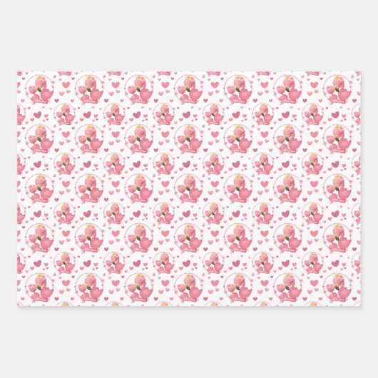 かわいいタイルのママの赤ちゃん女の子ピンクのフラミンゴ  ラッピングペーパーシート (正面2)