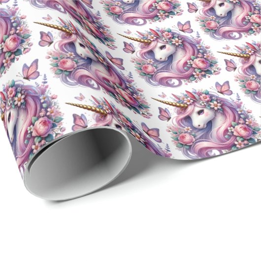 かわいいタイルの女の子ユニコーンパーティー ラッピングペーパー (ロールコーナー)