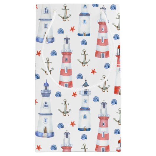 かわいいタイル張りのライトハウスビーチパーティー スモールペーパーバッグ (裏面)