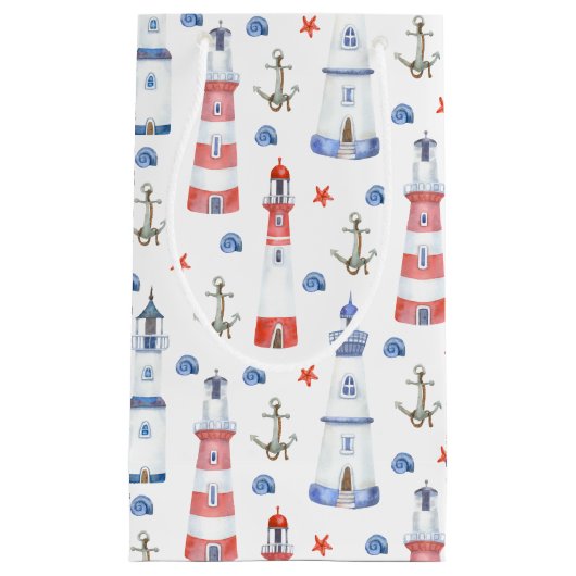 かわいいタイル張りのライトハウスビーチパーティー スモールペーパーバッグ (正面)