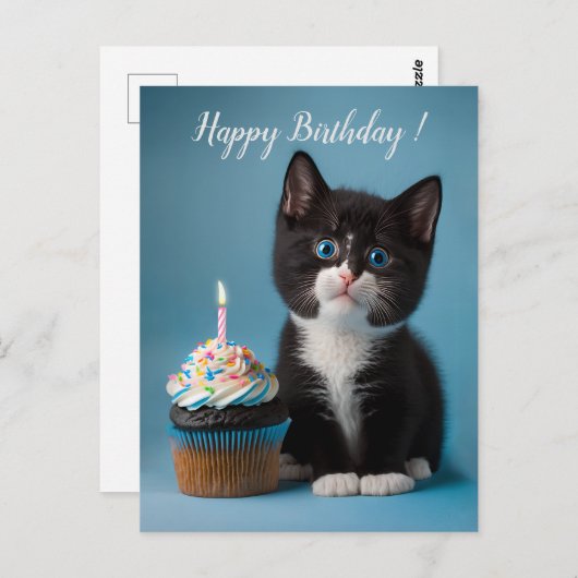 かわいいタキシード子猫に誕生日のカップケーキ ポストカード (正面/裏面)