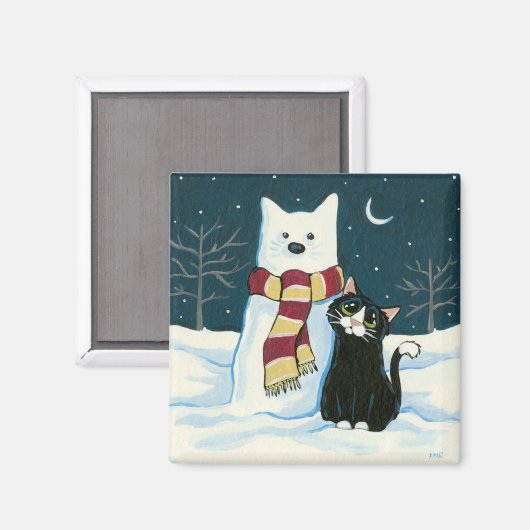 かわいいタキシード猫と雪だるま絵画の磁石 マグネット (正面/裏面)