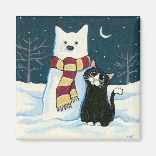 かわいいタキシード猫と雪だるま絵画の磁石 マグネット (正面)