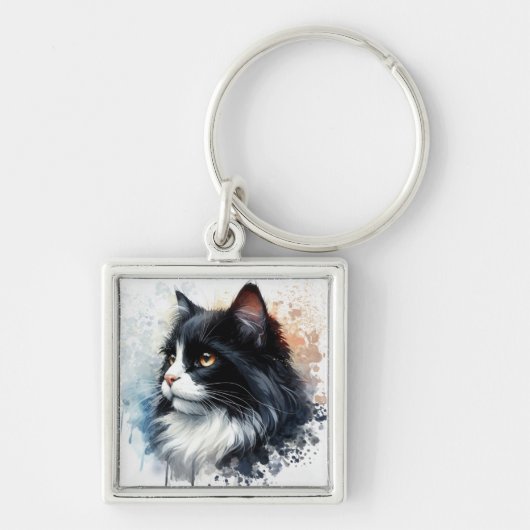 かわいいタキシード猫の水彩画 キーホルダー (正面)