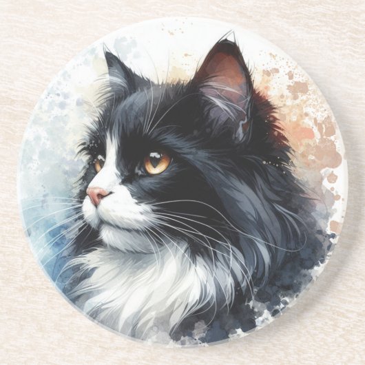 かわいいタキシード猫の水彩画 コースター (正面)