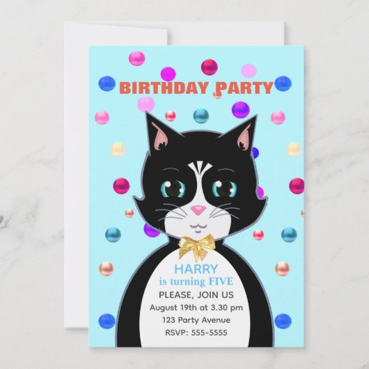 かわいいタキシード猫の誕生日 + マルチカラー コンフェティ 招待状 (正面)