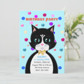 かわいいタキシード猫の誕生日 + マルチカラー コンフェティ 招待状 (スタンド正面)