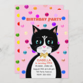 かわいいタキシード誕生日猫オンライトピンク 招待状 (正面/裏面)