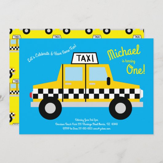 かわいいタクシーカーキッズ1歳の誕生日パーティー 招待状 (正面/裏面)