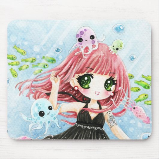 かわいいタコおよび魚のかわいい女の子 マウスパッド (正面)