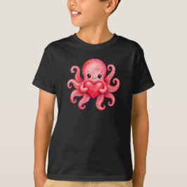 かわいいタコがハートを持つデザイン Tシャツ