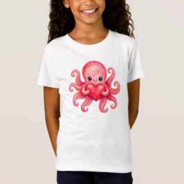かわいいタコがハートを持つデザイン Tシャツ