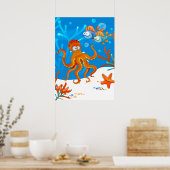 かわいいタコとイガニの海の星の子供部屋 ポスター (キッチン)