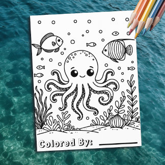 かわいいタコと魚 | キッズカラーリングページ チラシ