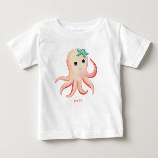 かわいいタコのカスタマイズベビー名Tシャツ ベビーTシャツ (正面)