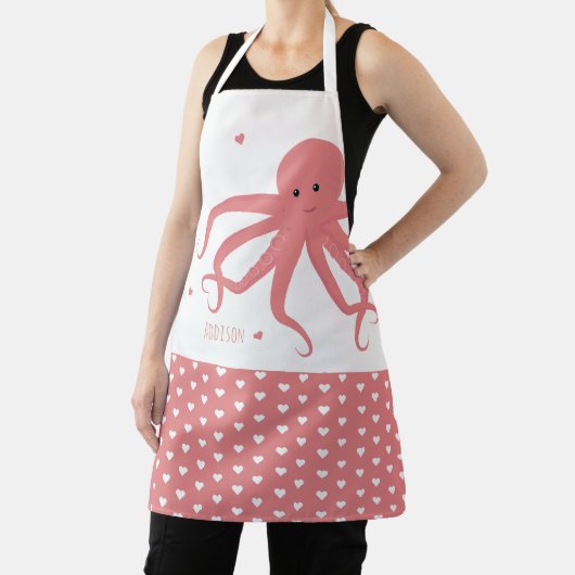 かわいいタコのハートピンクの白いネーム動物 エプロン (インサイチュ)