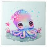 かわいいタコの海の生き物 タイル<br><div class="desc">頭に花が付いた可愛いガーリータコをイメージした陶芸瓦。大きな明るい目とフレンドリー顔。</div>