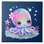 かわいいタコの海の生き物 タイル<br><div class="desc">頭に花が付いた可愛いガーリータコをイメージした陶芸瓦。大きな明るい目とフレンドリー顔。</div>