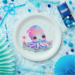 かわいいタコの海の生き物 ペーパープレート<br><div class="desc">紙プレートに花が頭にガーリー付いた可愛いタコのイメージ。大きな明るい目とフレンドリー顔。</div>