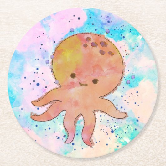 かわいいタコまんが水彩 ラウンドペーパーコースター (正面)