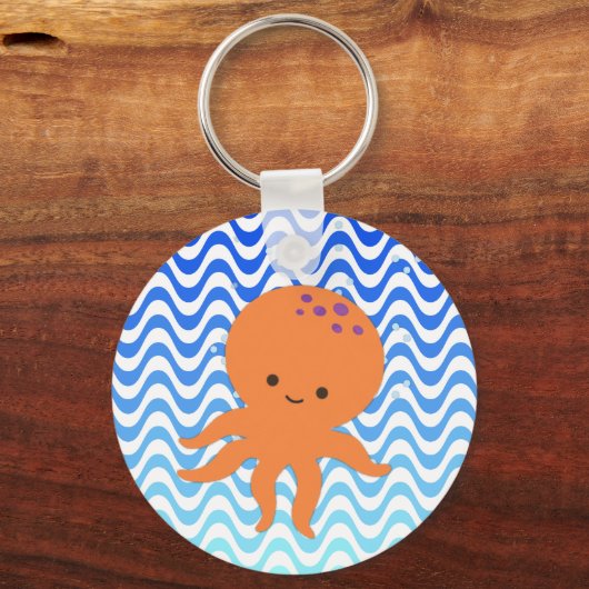 かわいいタコまんが青い波 キーホルダー (正面)