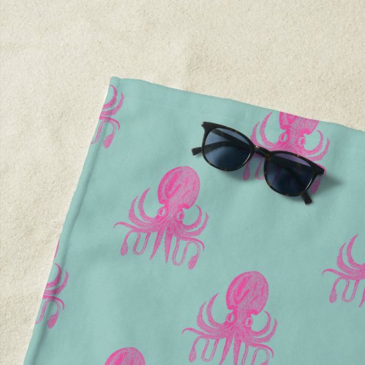 かわいいタコ柄アクアピンクパーソナライズされた色 ビーチタオル (インサイチュ)