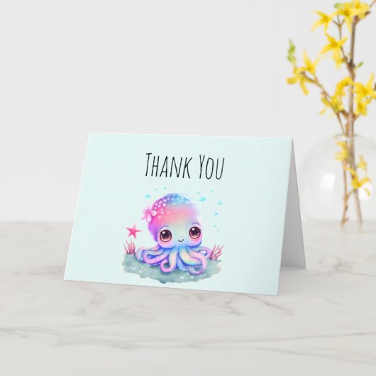 かわいいタコ海の生き物ありがとう カード (黄色い花)