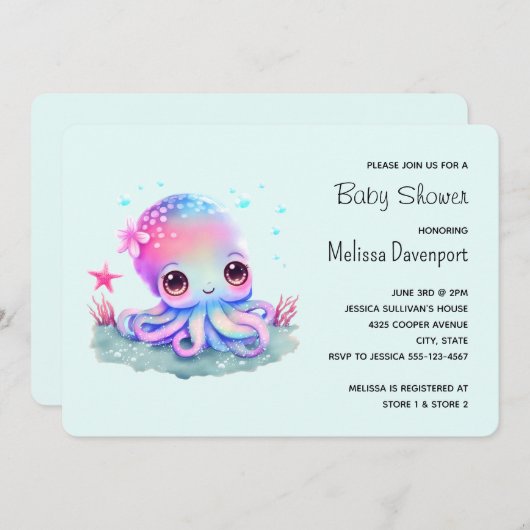 かわいいタコ海の生き物ベビーシャワー 招待状 (正面/裏面)