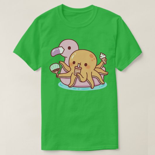 かわいいタコgオンピンクフラミンゴ浮き tシャツ (デザイン正面)