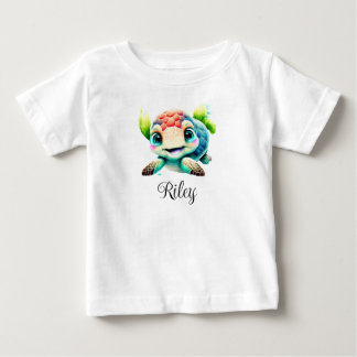 かわいいタツノオトシゴのイラストの名入れ水彩画デザインのベビー服 ベビーTシャツ