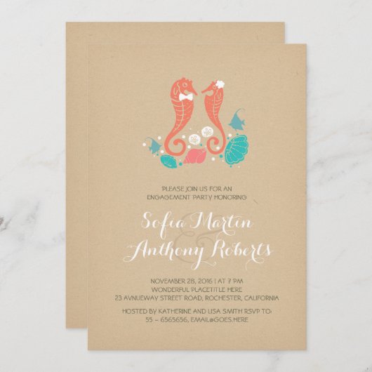 かわいいタツノオトシゴのビーチの婚約パーティの招待 招待状 (正面/裏面)